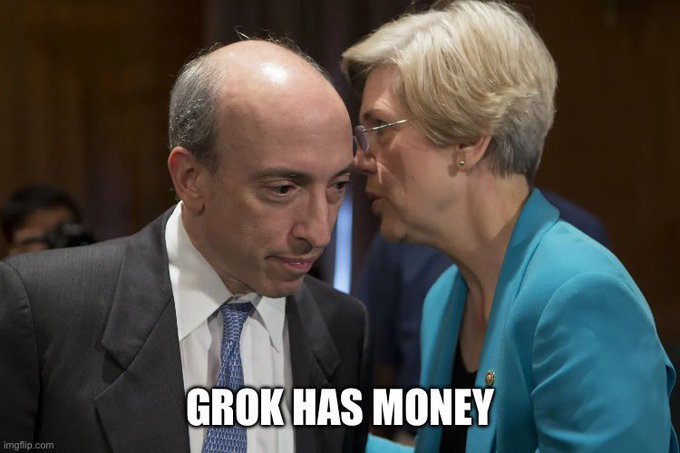 A meme featuring a man being whispered to by a woman in a blue blazer, with the caption 'GROK HAS MONEY'.