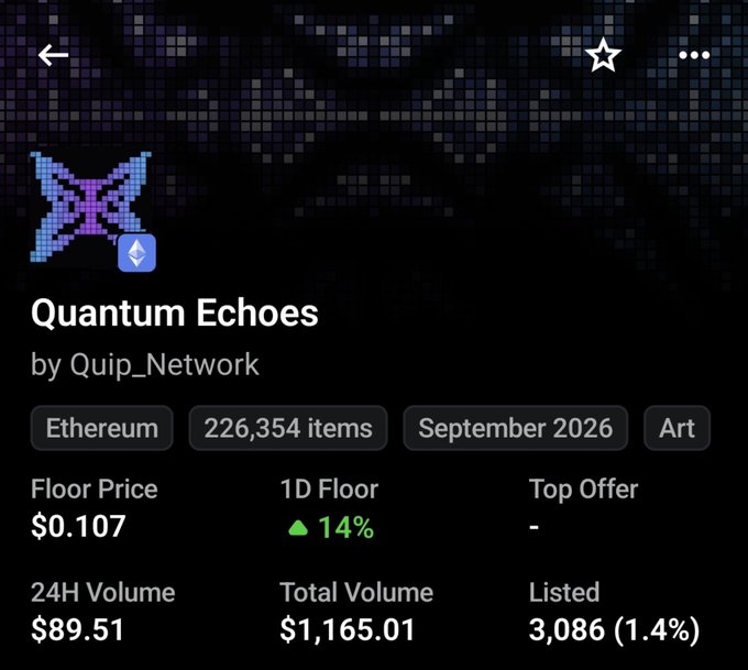 The OpenSea listing for "Quantum Echoes" by Quip_Network shows an Ethereum-based Art collection with 226,354 items, a floor price of $0.107 (up 14% in 1D), $89.51 in 24H volume, and a total volume of $1,165.01 — supporting the post's announcement of an upcoming reveal for this large generative NFT mint that uses unique quantum-derived seeds.