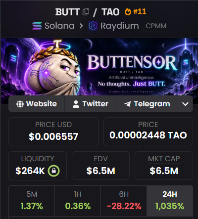 A cryptocurrency tracker interface showing the 'BUTT / TAO #11' token pair on Solana and Raydium, listing the token name as 'BUTTENSOR' with a price of $0.006557 and a 1,035% 24-hour gain.