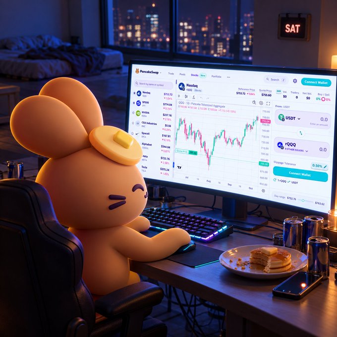 A cute bunny character with a butter pat on its head sits at a desk late at night, intently watching the Nasdaq chart (QQQ) on PancakeSwap, surrounded by candles, a half-eaten cake, and energy drinks—the perfect "weekend plans" of a crypto trader riding market volatility.