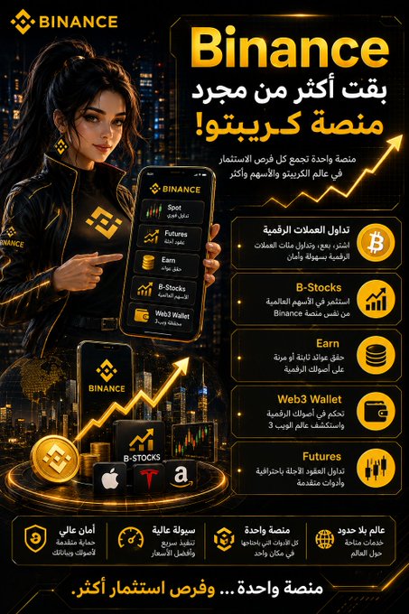 The image is a promotional infographic for Binance featuring a stylized illustration of a woman holding a smartphone displaying the app's interface, with Arabic text highlighting the platform's various services including Spot, Futures, Earn, B-Stocks, and Web3 Wallet. Bold headlines declare "Binance" and "بوقت أكثر من مجرد منصة كريبتو!" (More than just a crypto platform!), alongside an upward-trending chart and icons representing each service offering.

This visual directly supports the post's message by showcasing the diverse financial products beyond basic crypto trading that Binance now offers, reinforcing the idea that the platform has expanded into a comprehensive financial ecosystem.