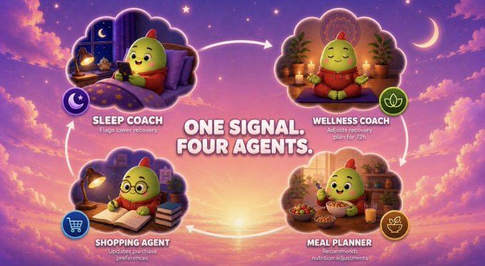 A colorful illustration features four cartoon chick characters in cloud-bordered panels labeled "Sleep Coach," "Wellness Coach," "Meal Planner," and "Shopping Agent," connected by arrows around the central text "One Signal. Four Agents." The image visually represents the interconnected AI agents of @sleepagotchi, showing how a single change cascades through sleep insights, recovery plans, nutrition adjustments, and shopping preferences.