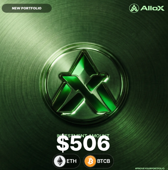 A promotional graphic for 'AlloX' labeled 'NEW PORTFOLIO' showing an investment amount of $506 in ETH and BTCB.