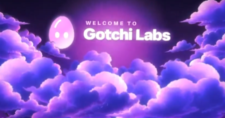 A purple-themed graphic reading 'WELCOME TO Gotchi Labs' with a cute ghost-like character against a cloudy background.