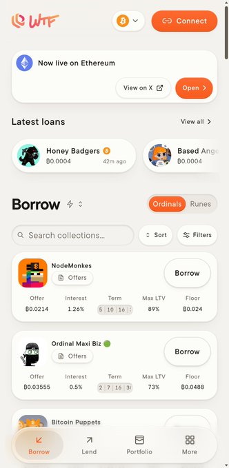 Screenshot of a cryptocurrency lending platform (WTF) showing 'Now live on Ethereum' with borrow options like NodeMonkes, Ordinal Maxi Biz, and Bitcoin Puppets.