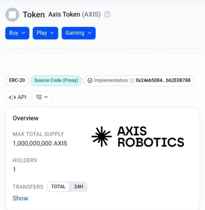 An Etherscan-style page displaying token information for "Axis Token (AXIS)" by Axis Robotics, with a max supply of 1,000,000,000 AXIS, 1 holder, and an ERC-20 implementation contract starting with 0x24eb5084.