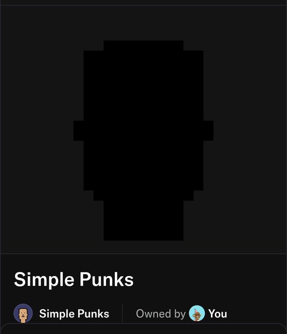 An NFT display on a digital marketplace showing a blacked-out pixel character silhouette titled "Simple Punks" owned by "You".