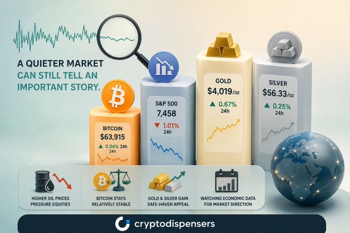 A market infographic from cryptodispensers showing Bitcoin at $63,915, S&P 500 at 7,458, Gold at $4,019/oz, and Silver at $56.33/oz with the tagline 'A quieter market can still tell an important story.'
