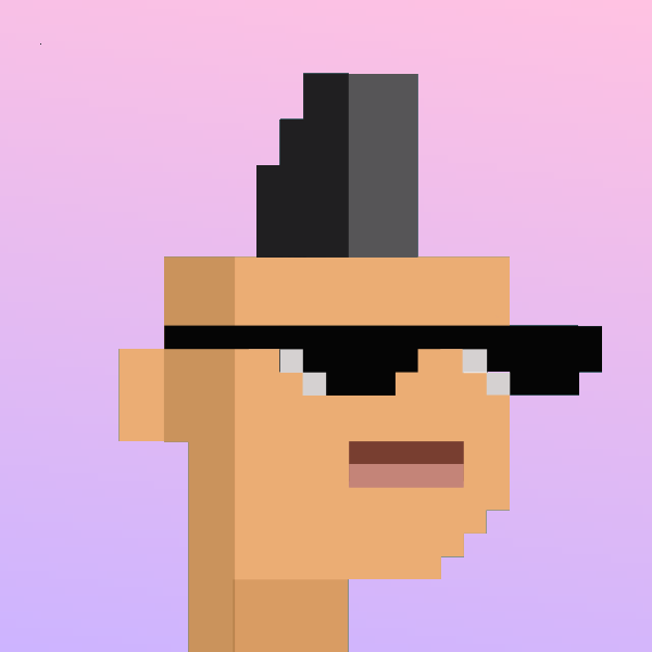 A pixel art image showing a close-up profile of a character's face with spiky black hair and sunglasses on a pink-to-blue gradient background.