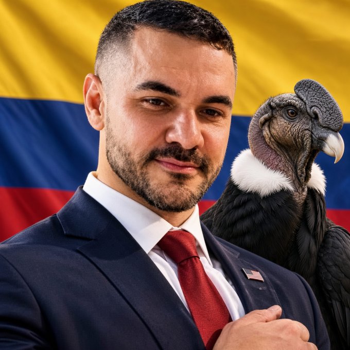 A man in a dark suit with a red tie stands in front of a Colombian flag (yellow, blue, and red) alongside a large black bird with a white neck ruff.