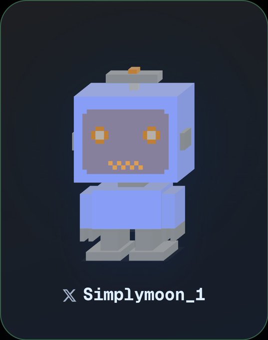 A pixel-art style 3D character avatar labeled "Simplymoon_1" featuring a blue cube-shaped head with glowing orange eyes and a small toothy grin, displayed on a dark background with an X (Twitter) icon.