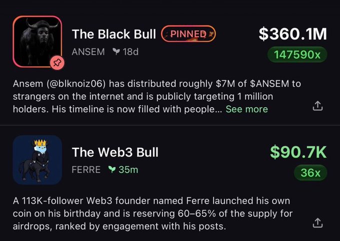 The image shows a crypto tracking dashboard displaying two pinned/trending memecoins: "The Black Bull" (ANSEM) with a $360.1M market cap and 147,590x gain, and "The Web3 Bull" (FERRE) at $90.7K with 36x returns. This relates to the post by highlighting ANSEM's massive distribution of $7M to reach 1 million holders and Ferre's birthday airdrop—mirroring the author's introduction of their $FERRE token to the established $ANSEM community.