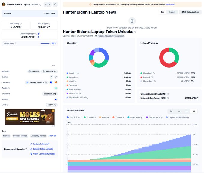 A webpage for the 'Hunter Biden's Laptop' token, showing a total and max supply of 1B LAPTOP, an 86% profile score, and an unlock schedule chart with allocations to predictions and founders.