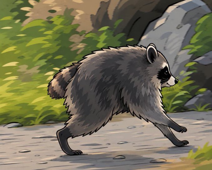 A cartoon raccoon runs across a path in front of greenery and rocks. The image relates to the post as a playful reference to the masked-bandit appearance of the raccoon, often associated with meme coin branding that the poster is sharing to promote "Jimothy" and express bullishness about the project.