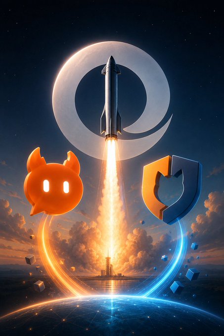 The image features a rocket launching into space, with an orange alien character flying alongside it. The background of the image shows a blue sky filled with clouds, creating a sense of depth and dimension. The caption below the image reads "OPCAT Layer #bitcoin #ClawChat #SpaceX". This suggests that there might be some connection between these elements in the context of the post or conversation about space exploration, AI, Bitcoin, or other related topics.