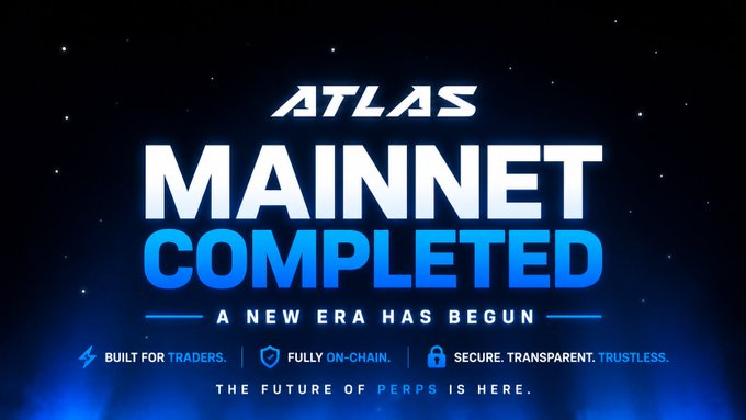 An announcement banner for 'ATLAS' declaring 'MAINNET COMPLETED — A NEW ERA HAS BEGUN', highlighting features: BUILT FOR TRADERS, FULLY ON-CHAIN, SECURE, TRANSPARENT, TRUSTLESS, with tagline 'THE FUTURE OF PERPS IS HERE'.