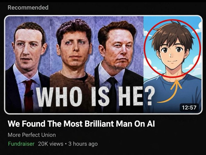 A YouTube video thumbnail from "More Perfect Union" titled "We Found The Most Brilliant Man On AI" featuring photos of Mark Zuckerberg, Sam Altman, and Elon Musk next to an anime-style avatar circled in red, with text "WHO IS HE?".