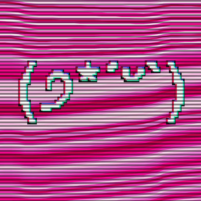 The image displays pixelated emoticon text "( ˘ ᵕ ˘ )" in white with cyan and red chromatic aberration effects, set against a wavy, glitch-style background of horizontal pink, magenta, and white stripes, which matches the aesthetic of the Kaoforms emoticon "(੭ˊˋ)੭" shared in the post.