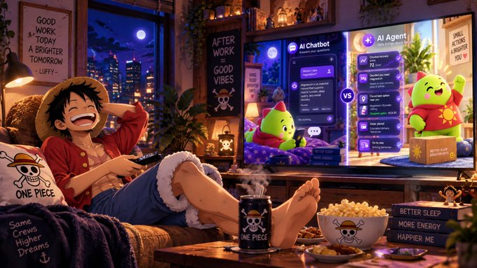 An anime-style illustration shows a relaxed character lounging with a game controller, watching a comparison screen of 'AI Chatbot' vs 'AI Agent' (also called Ai HEYE), surrounded by One Piece themed decor and signs reading 'AFTER WORK GOOD VIBES' and 'GOOD WORK TODAY A BRIGHTER TOMORROW - LUFFY'.