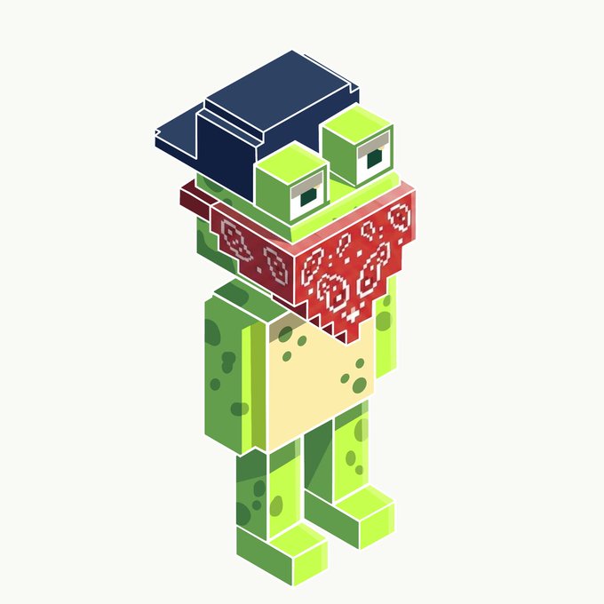 A blocky, Minecraft-style 3D character with green skin, a dark blue bandana, and a red pixelated mask with a bandana pattern stands in the center of the image. The character appears to be a thief/bandit mascot, fitting the post's mention of the NFT project @playbandits, which features heist-themed gameplay.