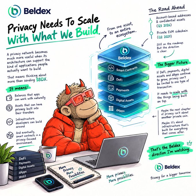An illustrated infographic titled 'Privacy Needs To Scale With What We Build' for Beldex, featuring a cartoon monkey character and outlining the project's roadmap from a single asset to a broader ecosystem including Smart Contracts, DeFi, and Payments.