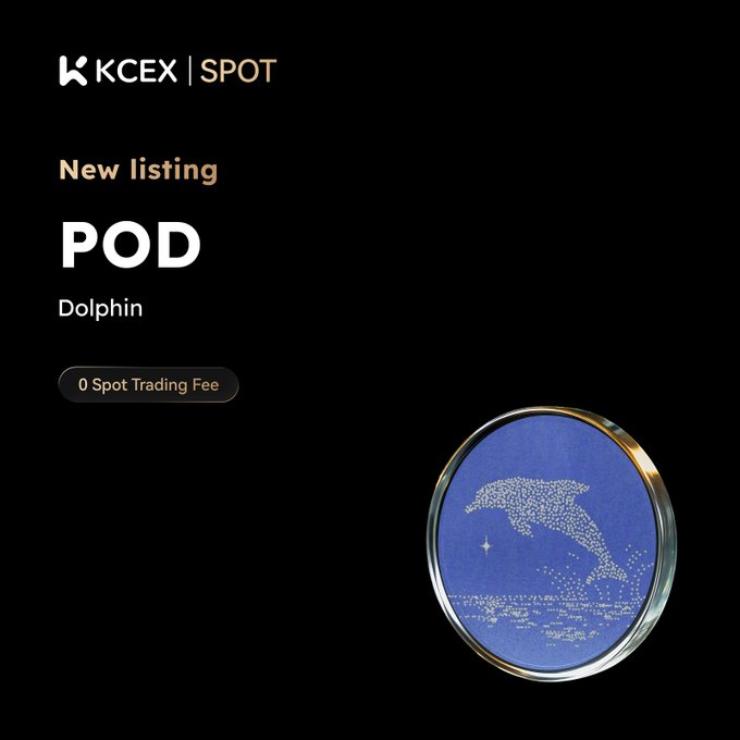 A black promotional graphic for KCEX Spot announcing a 'New listing' of 'POD Dolphin' with '0 Spot Trading Fee', accompanied by a circular blue emblem featuring a dotted dolphin design.