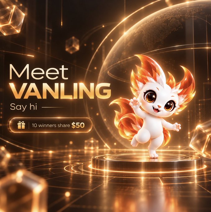 A fluffy white-and-orange mascot character named "VANLING" poses cheerfully on a glowing pedestal against a cosmic, golden orb backdrop, with text announcing "Meet VANLING — Say hi" alongside a giveaway offer for "10 winners share $50" to celebrate the mascot's introduction to the $CAI community.