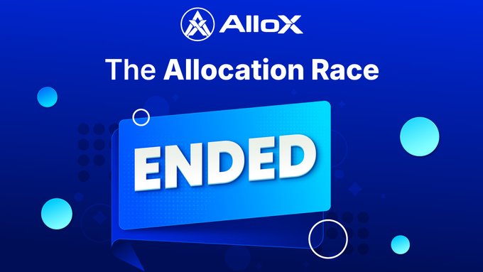 The image shows a post announcing the ending of The Allocation Race. It mentions that the competition has officially ended, with the leaderboard locked for now. Users are advised not to miss any updates regarding Gem rewards distribution and to keep an eye on their AlloX account to receive these rewards within 7 days.