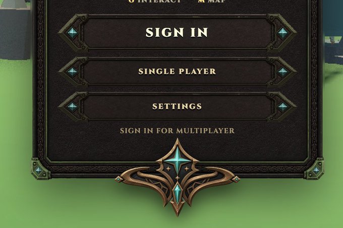 A dark game menu interface displays options including "SIGN IN," "SINGLE PLAYER," and "SETTINGS," with a note stating "SIGN IN FOR MULTIPLAYER" and an ornate decorative emblem featuring teal gemstones at the bottom.
