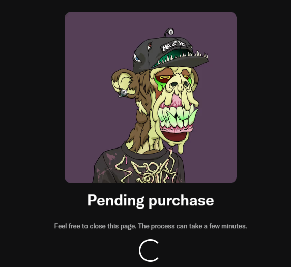 A 'Pending purchase' screen featuring a cartoon illustration of a zombie-like ape wearing a black cap and shirt, with a loading spinner and text reading 'Feel free to close this page. The process can take a few minutes.'