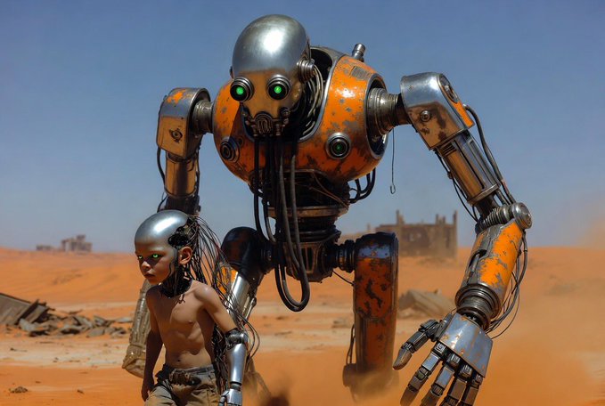 A sci-fi image of a large rusty orange robot with glowing green eyes and a cyborg child standing in a desert landscape.