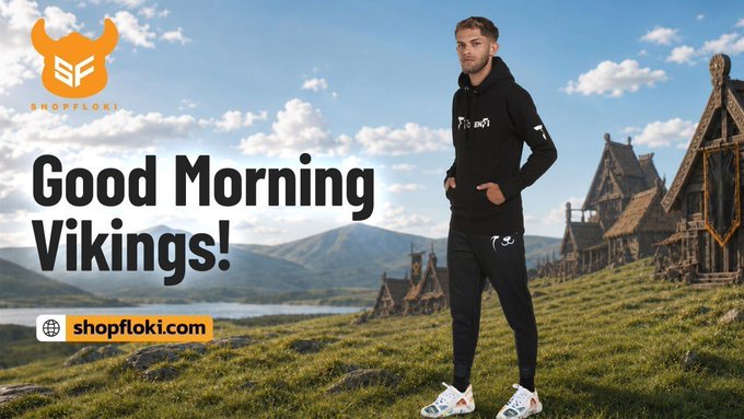 An advertisement for Shopfloki features a man wearing a black tracksuit standing in a Viking village landscape with the text 'Good Morning Vikings!' and the URL shopfloki.com.
