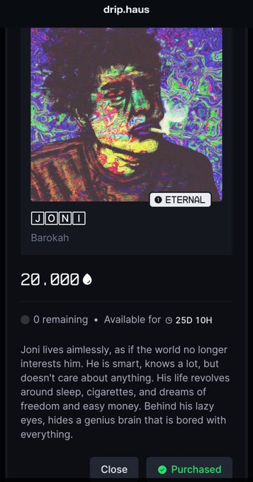 A screenshot from drip.haus showing an NFT listing titled 'JONI' (Barokah) priced at 20,000 with 0 remaining, available for 25D 10H, featuring an artistic portrait of a smoking person.