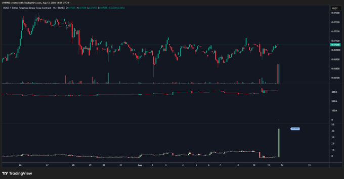 A TradingView 1-hour candlestick chart for CHR/USDT (Chromaway) on OINDEX, dated Aug 12-13, 2025, showing price action around $0.079.