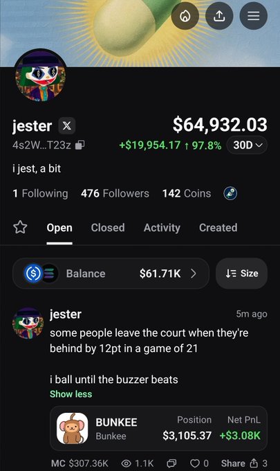 A Pump Fun mobile app profile screenshot for user "jester" displays a $64,932.03 portfolio balance (up +$19,954.17, +97.8% over 30 days) with their recent post titled "BUNKEE - Bunkee" showing a Position of $3,105.37 and Net PnL of +$3.08K, supporting their bullish thesis on the token.