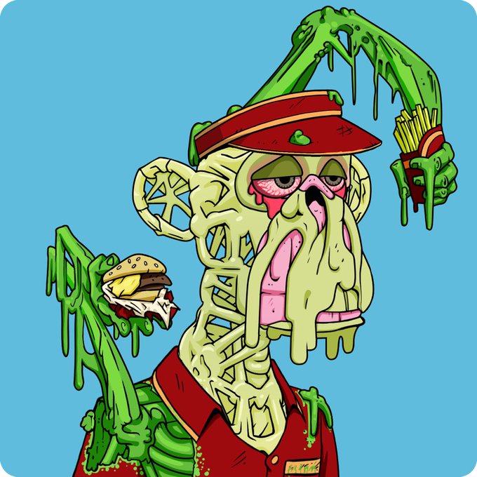 The image features a cartoon monkey wearing a red shirt, holding a hamburger and fries. The monkey appears to be eating the food items while standing against a blue background with white text that reads "Secured my first @BoredApeYC There’s no better day than to ape in on a Mutant Monday than with a MAYC bayc.com/mrchamp".