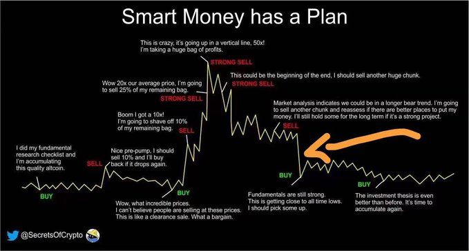 The image, titled "Smart Money has a Plan," illustrates a cryptocurrency price chart with various buy and sell decisions annotated across its timeline, including "SELL," "BUY," and "STRONG SELL" labels with explanations like "Boom I got a 10x!" and "This is getting close to all time lows." The accompanying post about black swan events relates to the chart by suggesting that unexpected, catastrophic market crashes—highlighted by the yellow arrow pointing to a dramatic price drop—often happen during downward trends, aligning with the "STRONG SELL" signals shown during the chart's decline.