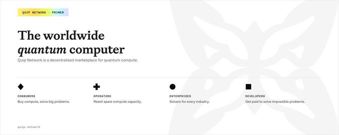 A minimalist website header for 'QUIP NETWORK' advertising 'The worldwide quantum computer' as a decentralized marketplace, with sections for Consumers, Operators, Enterprises, and Developers.
