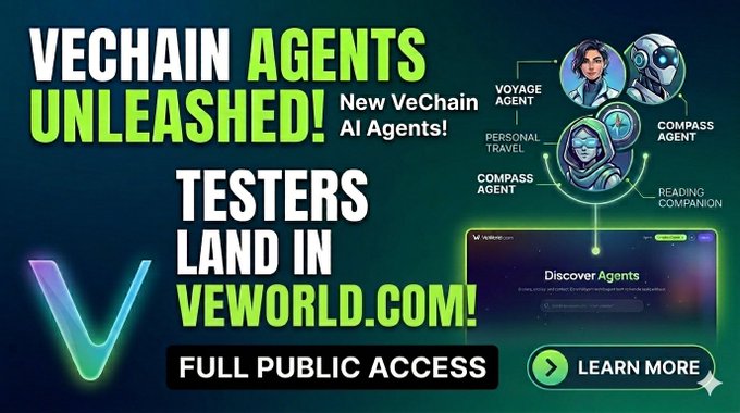 The image features a banner for VeChain AI, which is an AI company that has recently launched its agents into the world of Web3. The banner includes text about testing agents' land in the virtual world, as well as information about the company's new venture and how it can be used to explore new agents.