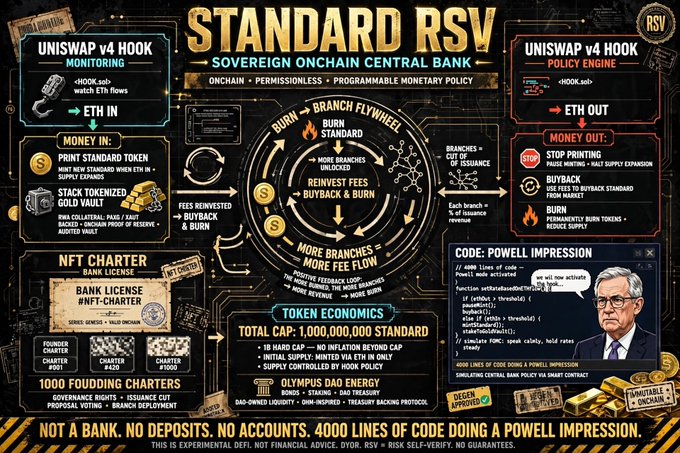 Infographic for 'STANDARD RSV' describing a Sovereign Onchain Central Bank system with features like Uniswap v4 Hook monitoring, burn flywheel, NFT charter bank license, and token economics capping at 1 billion.