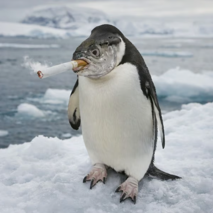 A penguin stands on snow and ice in Antarctica with a lit cigarette in its beak, smoke trailing from the end.