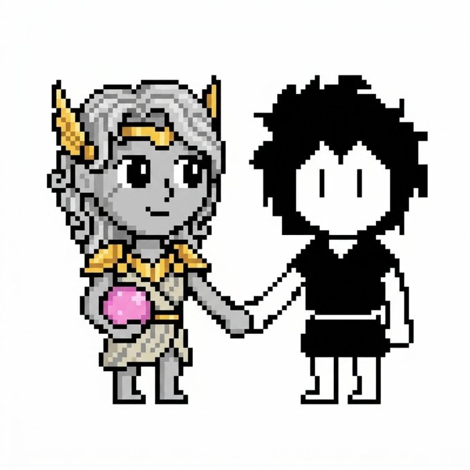 A pixel art illustration showing a grey-skinned, golden-adorned character holding hands with a silhouetted figure in black against a white background.