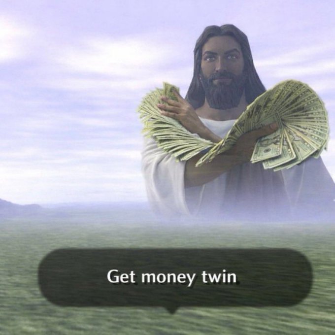 The meme shows a depiction of Jesus fanning out large stacks of cash above an ocean, with a speech bubble reading "Get money twin," humorously blessing the recipient of a "Good morning diamond hands" message with financial prosperity.