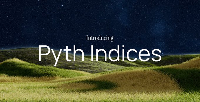 An advertisement for an index called "Pyth Indices" by VanEck Management, Inc. with the logo of MarketVector below it, and the phrase "Introducing Pyth Indices" above it. This text says that the index is focused on traditional finance, not Bitcoin or DeFi. The background shows a beautiful landscape featuring mountains and hills under a starry night sky.