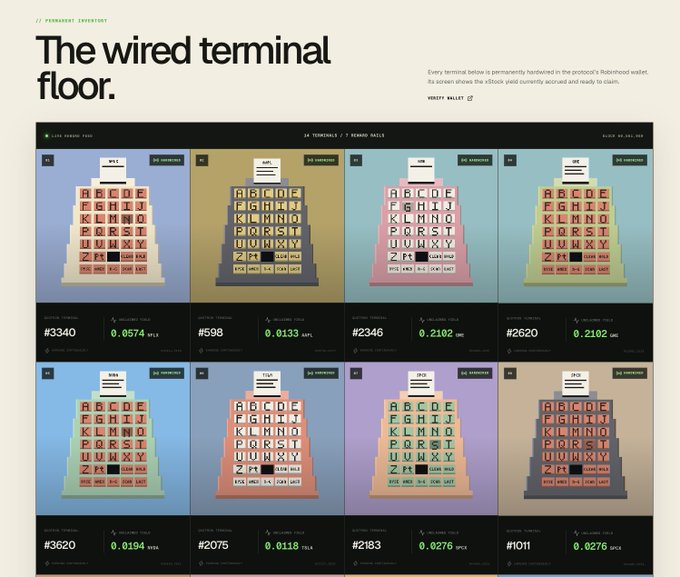 The image showcases a grid of eight colorful "wired terminal floor" displays on a dashboard, featuring alphabetic block arrangements with terminal identifiers like "WLS," "XRP," "BNK," "DEC," "NXS," "TSX," "DES," and "ZXS" alongside their token counts and APT prices. This visual supports the announcement that all $QSTRAT wired terminals are now live on the platform, as indicated by the 24 terminals and 7 verified wallets shown in the top-right corner.