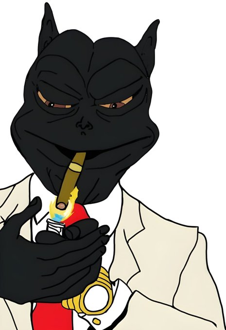 An illustration of a black panther-like anthropomorphic character wearing a white lab coat, smoking a cigar, and holding a lit lighter.