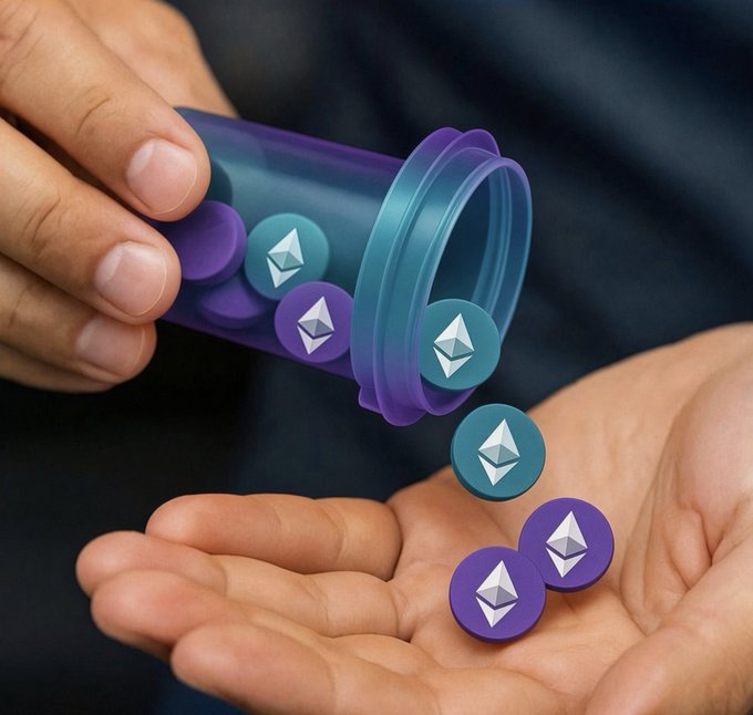 A pair of hands pours cartoon-style Ethereum coins from a translucent purple pill bottle into an open palm, humorously framing the cryptocurrency as a daily supplement or vitamin taken each morning.