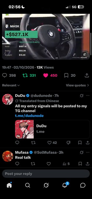 A mobile screenshot of a social media app (X/Twitter) shows a post about a MASK trading signal with +$527.1k profit, along with other posts from users DuDu and Mufasa.