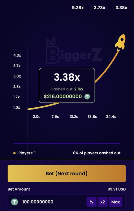 A screenshot of a mobile gambling game called 'Biggerz' showing a rocket-themed crash game at 3.38x multiplier with $216 winnings and a bet amount of 99.91 USD.