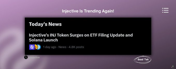 A news graphic on a purple background titled 'Injective Is Trending Again!' featuring a headline 'Today's News: Injective's INJ Token Surges on ETF Filing Update and Solana Launch.'